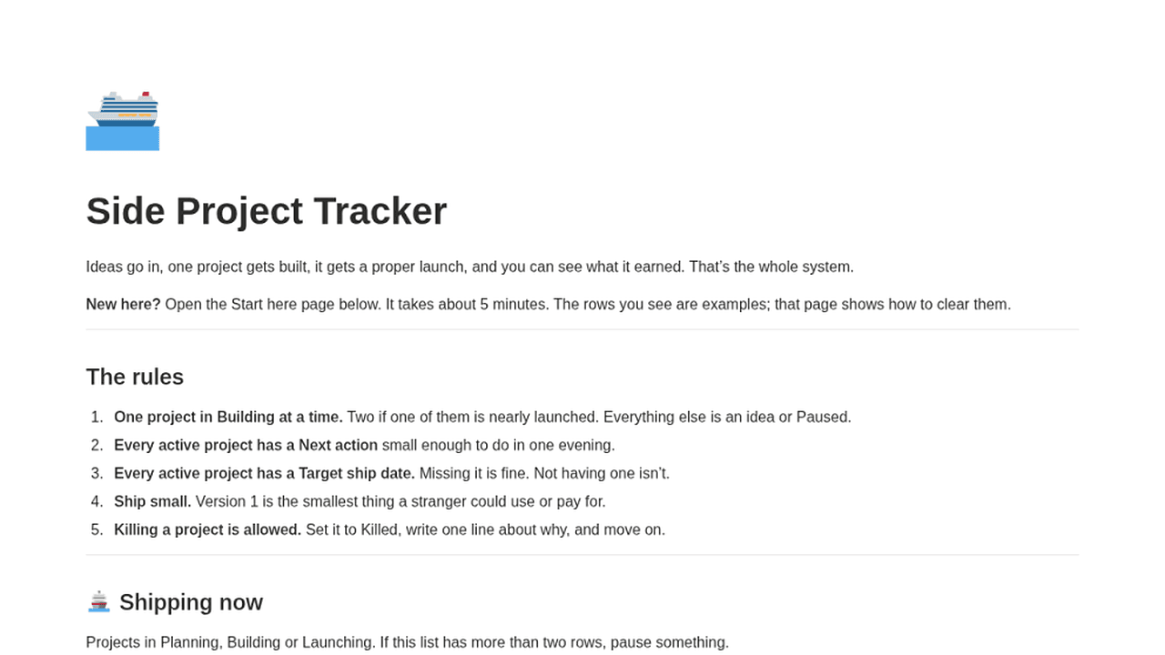 Notion tracker home with projects, tasks, a shipping-this-week list, and an ideas list.